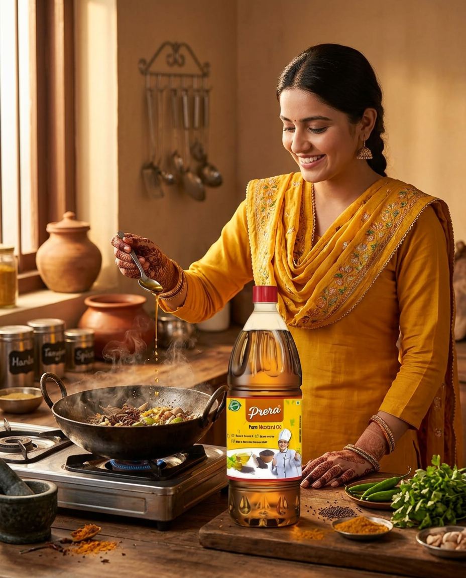 Prera mustard oil in traditional Punjabi kitchen